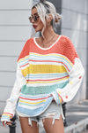 Multicolor Hollow Striped Knit Contrast Sleeve Sweater-Tops-MomFashion