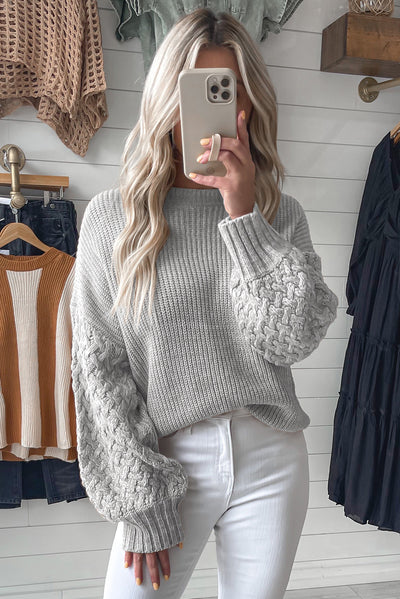 Light Grey Cable Knit Sleeve Drop Shoulder Sweater-Tops-MomFashion