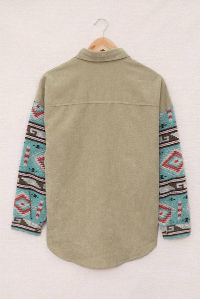 Khaki Aztec Pattern Sleeve Pocketed Corduroy Shacket-Outerwear-MomFashion