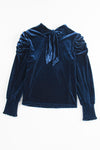 Navy Blue Mock Neck Puff Sleeve Velvet Blouse-Tops-MomFashion