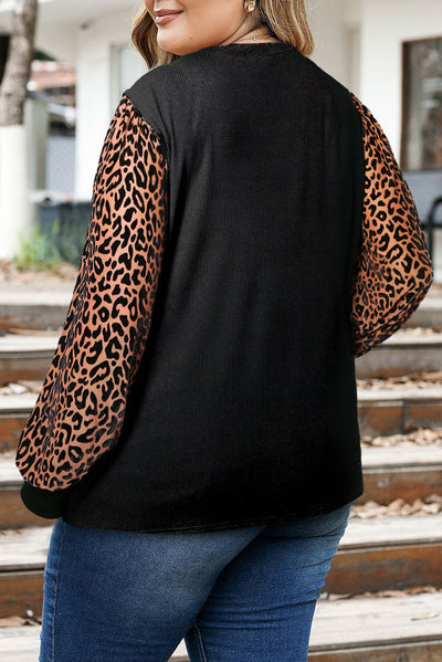 Black Leopard Patchwork Ribbed Knit Mock Neck Plus Size Top-Plus Size-MomFashion