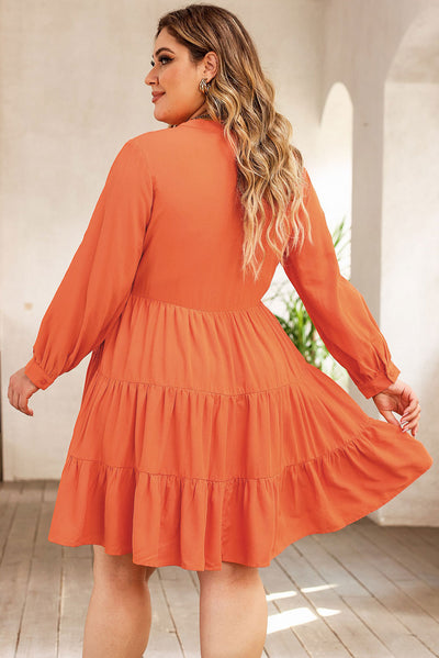 Orange Plus Size Embroidered Tiered Ruffle Dress-Plus Size-MomFashion