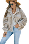 Khaki Solid Color Plush Fleece Button up Jacket-Outerwear-MomFashion