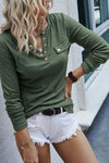 Mist Green Long Sleeve Snap Button Henley Top-Tops-MomFashion