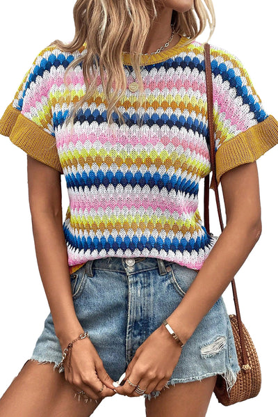 Khaki Trimmed Ruffle Sleeve Colorful Textured Sweater-Tops-MomFashion