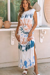 White Cap Sleeve Tie Dye Long Slit Dress-Dresses-MomFashion