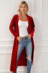 Fiery Red Velvet Open Front Pocketed Long Duster-Tops-MomFashion