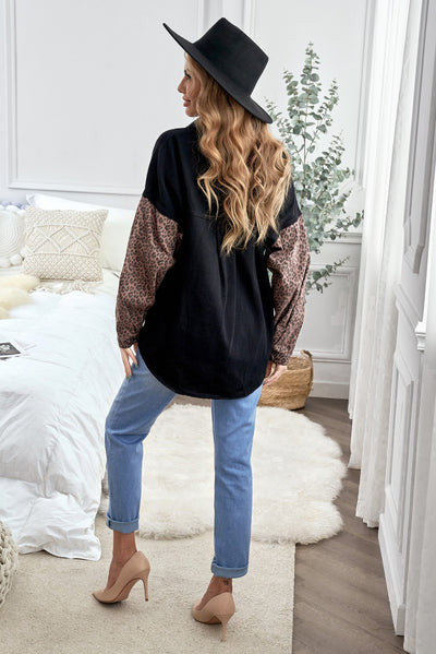 Black Contrast Leopard Denim Jacket-Outerwear-MomFashion