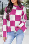 Bright Pink Checkered Round Neck Baggy Sweater-Tops-MomFashion