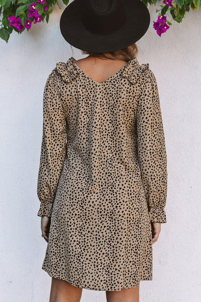 Khaki Leopard Frill Trim V Neck Dress-Dresses-MomFashion