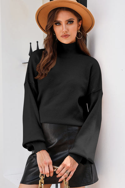 Black Turtleneck Drop Shoulder Bubble Sleeve Knit Sweater-Tops-MomFashion