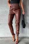 Brown Smocked High-Waist Leather Skinny Pants-Bottoms-MomFashion