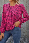 Rose Leopard Print Pleated Blouse with Keyhole-Tops-MomFashion