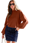 Brown Turtleneck Drop Shoulder Bubble Sleeve Knit Sweater-Tops-MomFashion