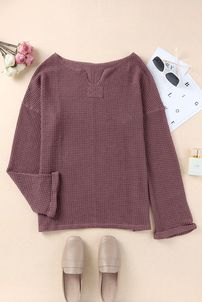 purple Waffle Knit Loose Long Sleeve Top-Tops-MomFashion