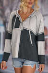 Gray Colorblock Seamed Ribbed Henley Hoodie-Tops-MomFashion