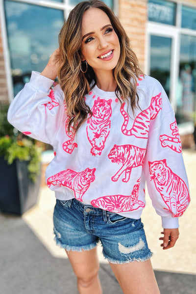 Bright White Pink Animal Print Pullover Sweatshirt-Tops-MomFashion