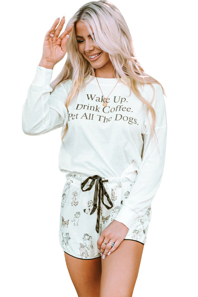 White Long Sleeve Letters Pullover and Animal Shorts Lounge Set-Loungewear-MomFashion