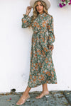 Green Pleated Long Sleeve Maxi Floral Dress with Tie-Dresses-MomFashion