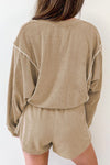 Khaki Piping Trim Long Sleeve Terry Shorts Set-Loungewear-MomFashion