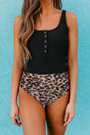 Black Square Neck Sleeveless Fashion Print Tankini Set-Swimwear-MomFashion