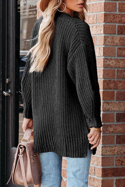 Black Buttoned Front Drop Shoulder Knitted Cardigan-Tops-MomFashion