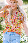 Yellow Floral Print Flutter Sleeve V Neck Tank Top-Tops-MomFashion