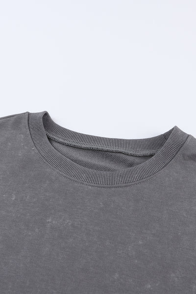 Gray Drop Shoulder Ribbed Trim Oversized Sweatshirt-Tops-MomFashion