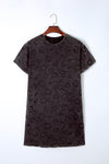 Gray Vintage Washed Leopard T-Shirt Dress with Pockets-Dresses-MomFashion