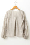 Khaki V Neck Bow Tie Bubble Sleeve Blouse-Tops-MomFashion