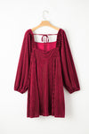 Red Tie Back Square Neck Velvet Babydoll Dress-Dresses-MomFashion