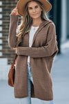 Brown Horizontal Rib Knitted Open Front Hooded Cardigan-Tops-MomFashion