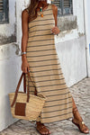 Khaki Stripe Print Open Back Sleeveless Maxi Dress with Slits-Dresses-MomFashion