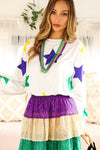 White Mardi Gras Star Printed Long Sleeve Top-Tops-MomFashion