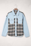 Sky Blue Plaid Patchwork Raw Hem Denim Jacket-Outerwear-MomFashion