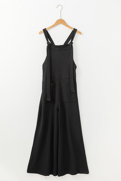 Black Knotted Straps Patch Pocket Wide Leg Jumpsuit-Bottoms-MomFashion