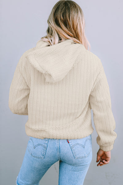 Beige Plush Textured Pullover Hoodie-Tops-MomFashion