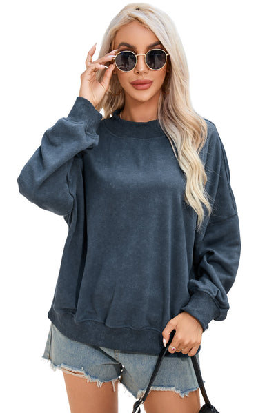 Sky Blue Drop Shoulder Crew Neck Pullover Sweatshirt-Tops-MomFashion