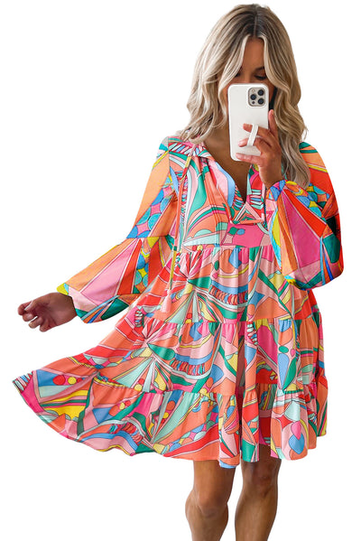 Multicolor Geometric Print Split Neck Ruffle Tiered Mini Dress-Dresses-MomFashion