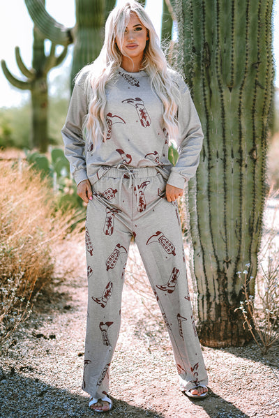 Gray Cowgirl Boots Printed Long Sleeve Top Pants Lounge Set-Loungewear & Sleepwear/Loungewear-MomFashion