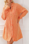 Orange Crinkled Dual Chest Pocket Oversized Shirt Dress-Dresses-MomFashion