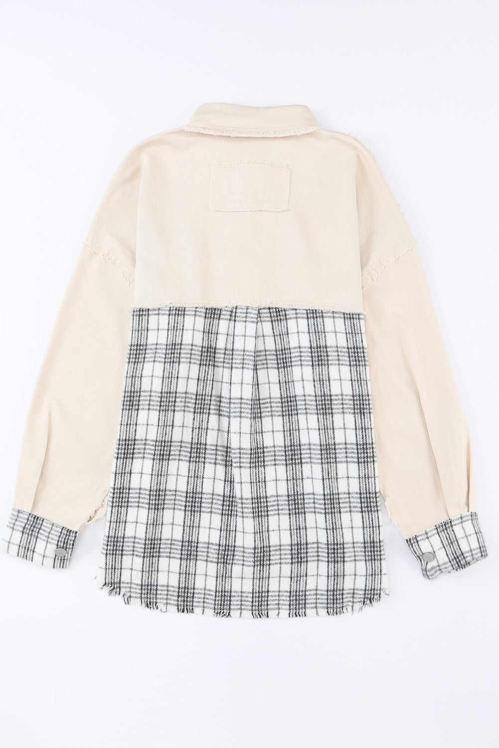 Khaki Distressed Raw Edge Plaid Patchwork Denim Jacket-Outerwear-MomFashion