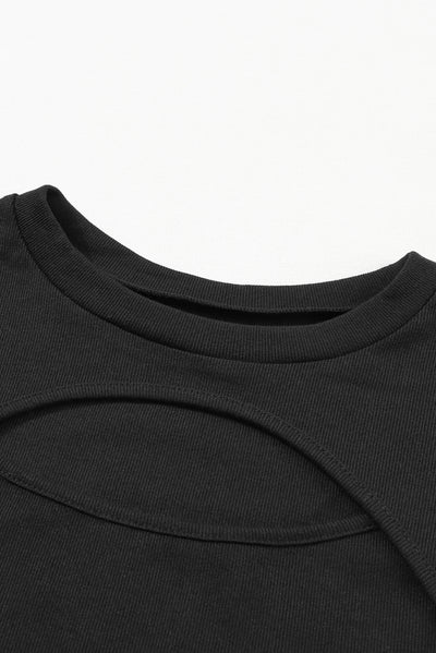 Black Ribbed Peekaboo Cutout Long Sleeve Top-Tops-MomFashion