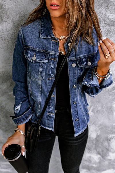 Blue Lapel Distressed Raw Hem Buttons Denim Jacket-Outerwear-MomFashion