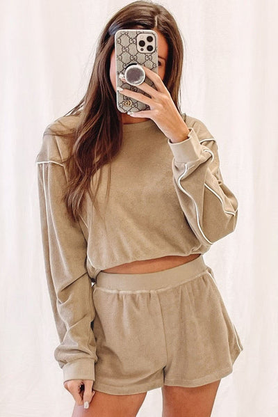 Khaki Piping Trim Long Sleeve Terry Shorts Set-Loungewear-MomFashion