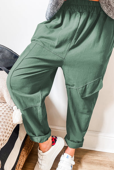 Mist Green Elastic Waist Cargo Pants-Bottoms-MomFashion