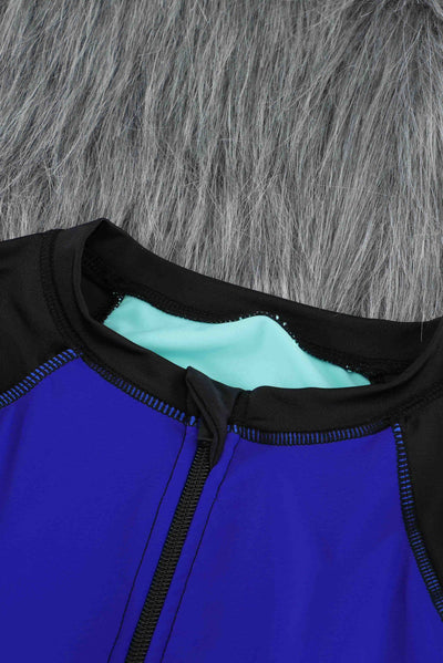 Blue Color Block Zipper Long Sleeve Rash Guard Swimwear-Swimwear-MomFashion