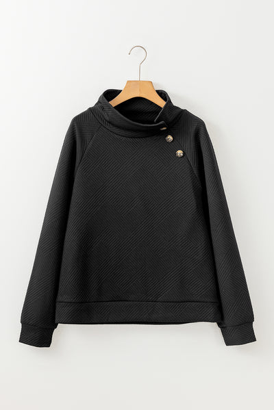 Black Asymmetric Buttons Detail High Neck Textured Sweatshirt-Tops-MomFashion