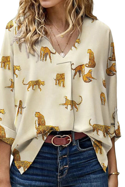 Apricot Printed Leopard Print Tab Sleeve Loose Fit V Neck Blouse-Tops-MomFashion