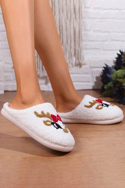 White Christmas Cartoon Pattern Plush Slippers-Shoes & Bags-MomFashion